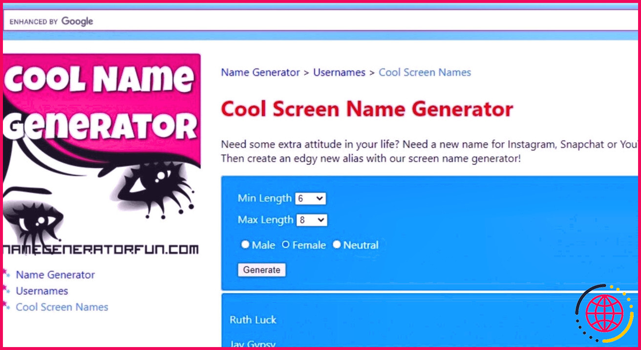 Noms d'écran générés dans le générateur Cool Screen Name