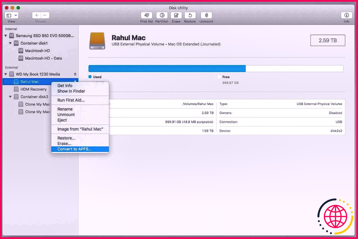 convertir un disque externe en APFS via l'utilitaire de disque