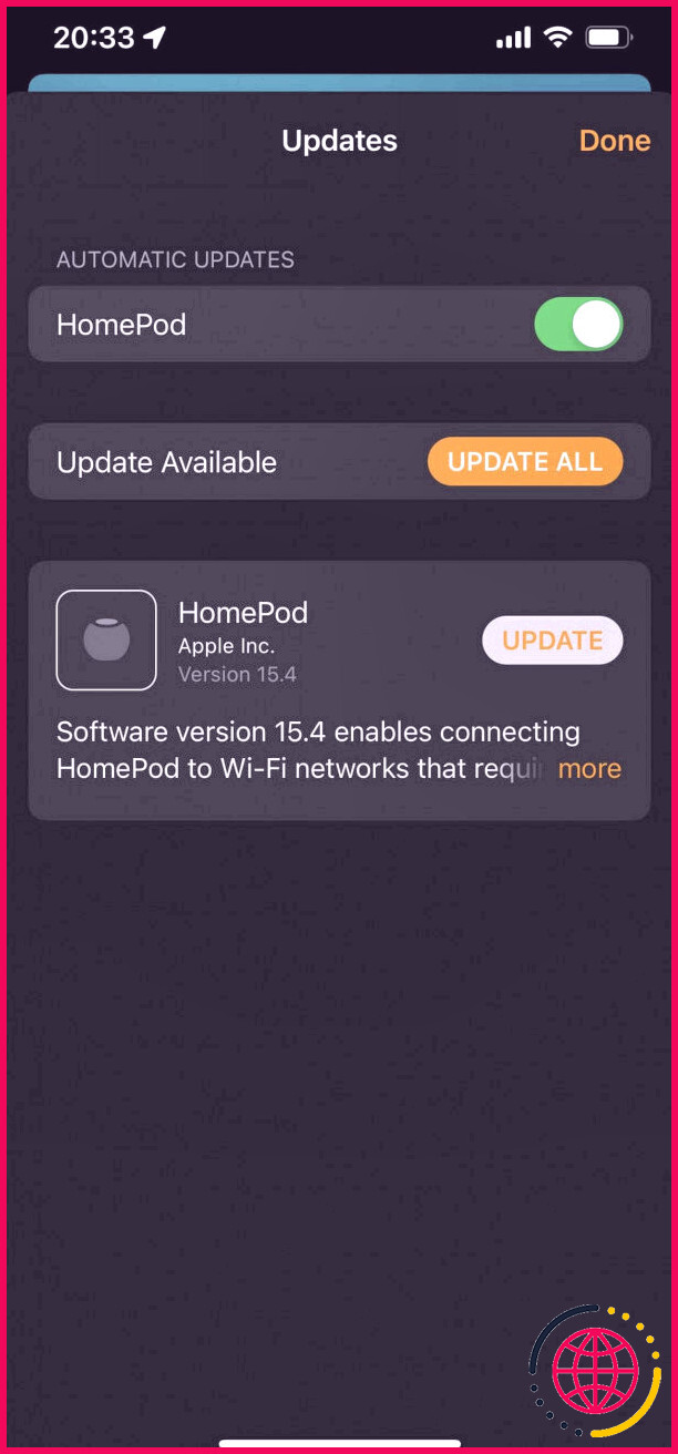 Écran de mise à jour pour HomePod mini