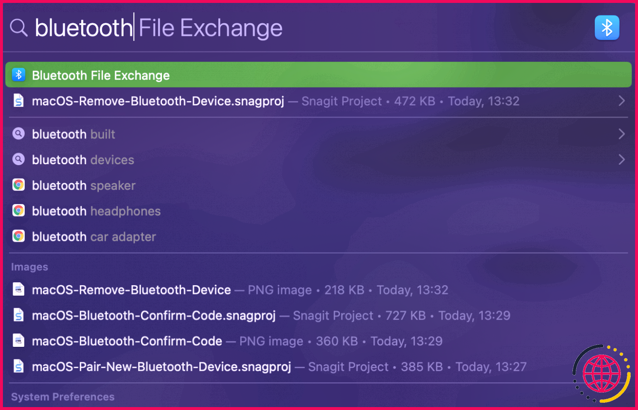 macOS Recherche Échange de fichiers Bluetooth