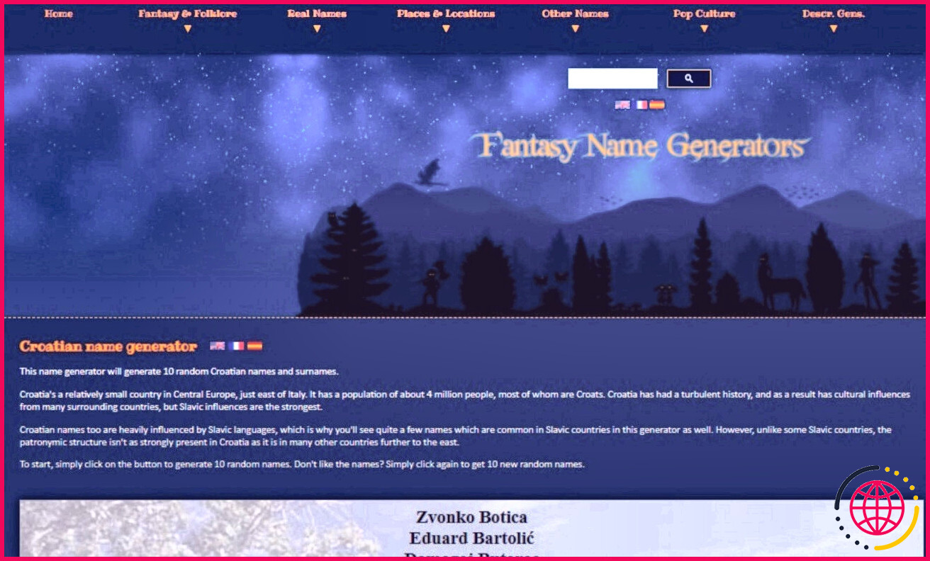 Générateur de nom d'écran dans le générateur de nom Fantasy