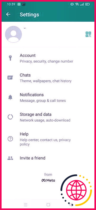 Option d'aide dans l'application mobile WhatsApp