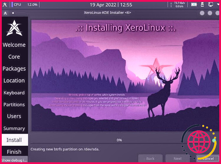 Fenêtre d'installation de XeroLinux