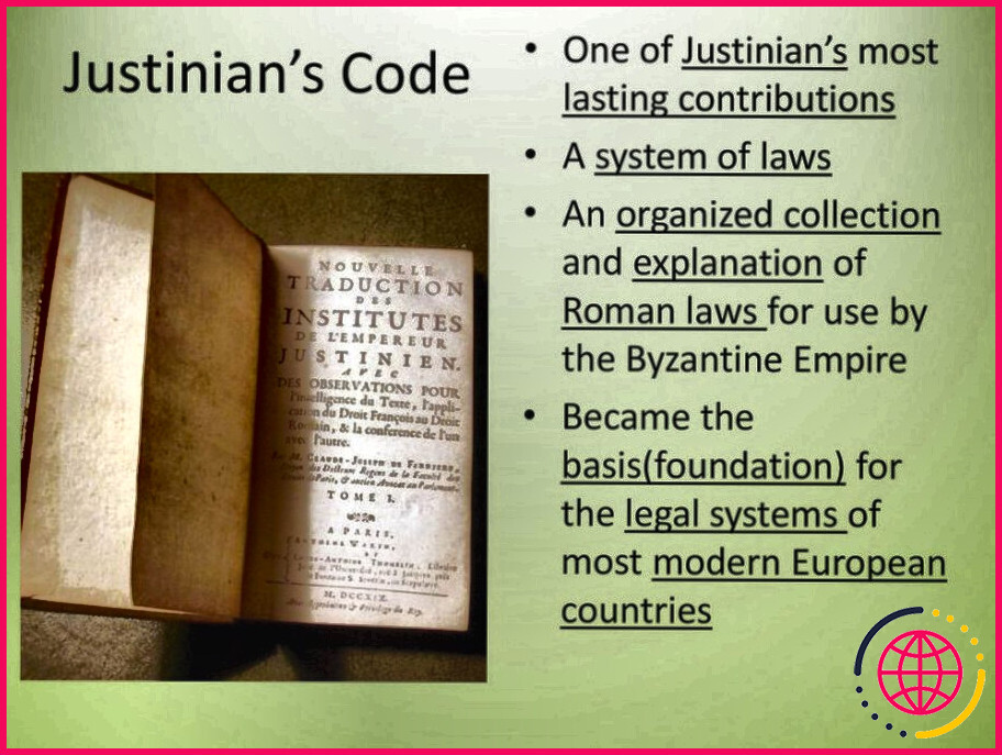 Quels étaient les noms et les caractéristiques des 4 parties du code de justinien ?
